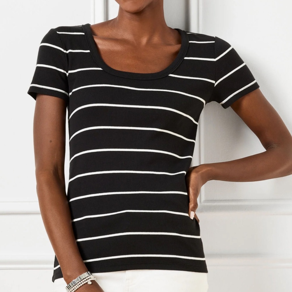 Talbots RIBBED SCOOP NECK TEE Lagoon Stripe Black & White Women's Top Medium